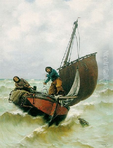 Fishermen In Stormy Sea Oil Painting by Georges Jean Marie Haquette