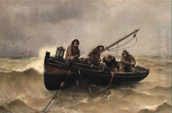 Pulling In The Catch Oil Painting by Georges Jean Marie Haquette