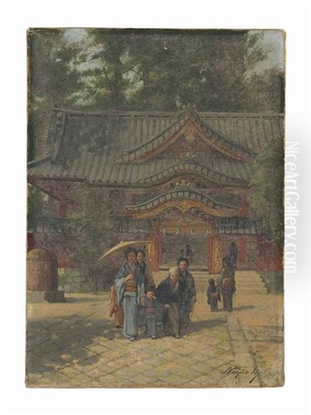 A Shrine Visit Oil Painting by Naojiro Harada