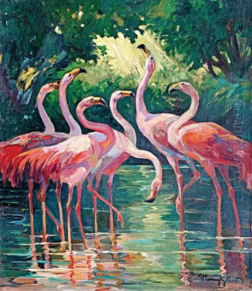 Flamingos Oil Painting by Jenoe Haranghy