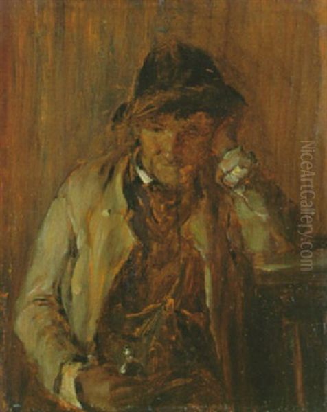 Bauer Mit Schnupftabakflasche, Am Tisch Sitzend Oil Painting by Edmund Harburger