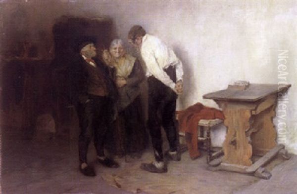 Im Gesprach Stehen Zwei Bauern Und Eine Alte Frau In Der Stube Oil Painting by Edmund Harburger