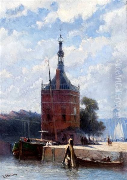 Figuren Op De Kade Bij De Accijnstoren Te Alkmaar Oil Painting by Lambertus Hardenberg