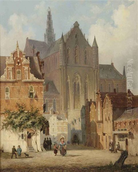 Figures On The Grote Markt In Haarlem With The Saint Bavo Church Oil Painting by Lambertus Hardenberg