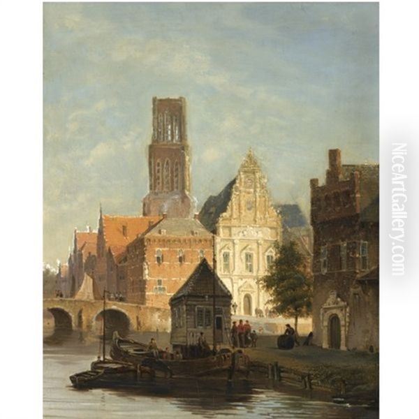 Figures On A Quay (ghent ?) Oil Painting by Lambertus Hardenberg