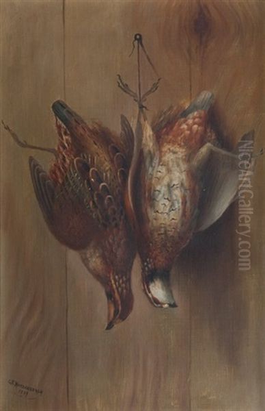 Hanging Bobwhite Quail Oil Painting by Gerard Rutgers Hardenbergh