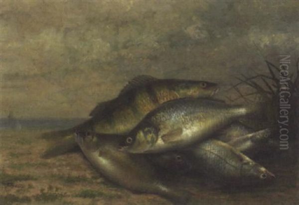 A Still Life Of Fish With A View Of The Sea Beyond Oil Painting by Gerard Rutgers Hardenbergh