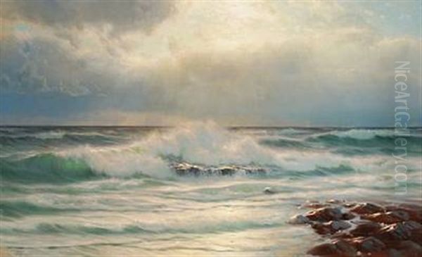 Breakers At Sunset Oil Painting by Johannes Harders