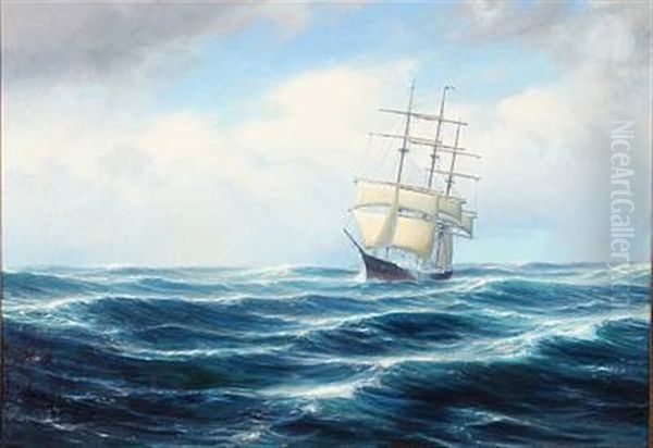 Seascape With A Sailing Ship In High Waves Oil Painting by Johannes Harders