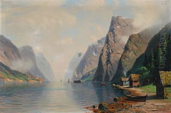 Norwegian Mountainscape With Houses And Ships Oil Painting by Johannes Harders