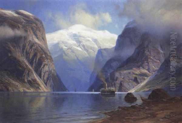 Grose Norwegische Fjordlandschaft Mit Dampfer Beim Ausbooten Oil Painting by Johannes Harders