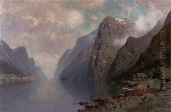 Norwegischer Fjord Mit Fischern In Der Morgensonne Oil Painting by Johannes Harders