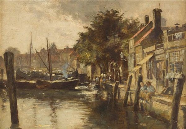 Boys Fishing On A Canalside Oil Painting by Charles Martin Hardie