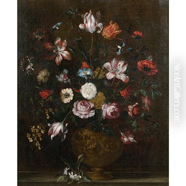 Bouquet De Fleurs Dans Un Vase Baroque Sur Un Etablement Oil Painting by Pieter Hardime