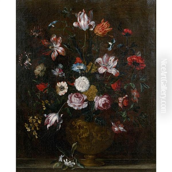 Bouquet De Fleurs Dans Un Vase Baroque Sur Un Entablement Oil Painting by Pieter Hardime