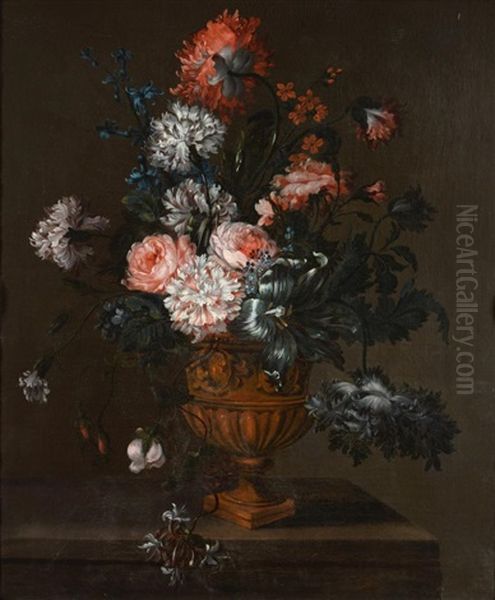 Still Life Of Roses, Carnations And Honeysuckle In An Urn Oil Painting by Pieter Hardime