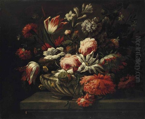 Roses, Tulips And Carnations In A Porcelain Vase, On A Stone Ledge Oil Painting by Pieter Hardime