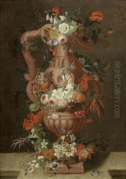 Roses, Morning Glory, Lilies, Carnations, Fritillary And Other Flowers Around An Earthenware Vase Oil Painting by Pieter Hardime