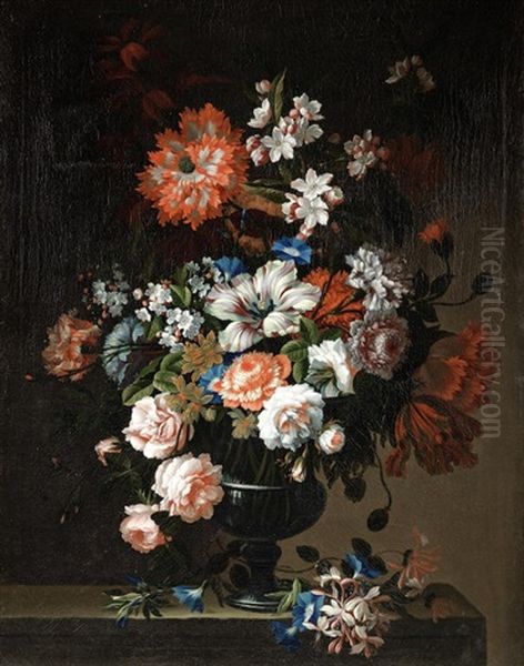 Roses, Tulips, Carnations And Other Flowers In A Glass Vase, With Honeysuckle And Morning Glory On A Stone Ledge; And (2) Oil Painting by Pieter Hardime