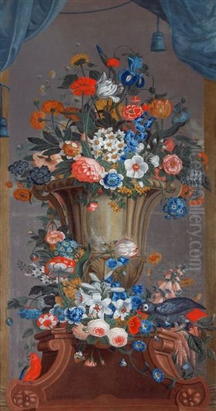 Carnations, Irises And Other Flowers In An Ornamental Stone Urn With Two Macaws Beneath A Blue Curtain Oil Painting by Pieter Hardime