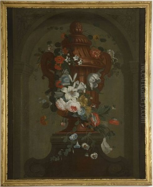 Grand Vase A La Guirlande De Fleurs Sur Un Piedestal (+ 1 Other; 2 Works) Oil Painting by Pieter Hardime