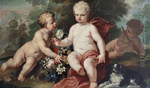 Cherubs And A Spaniel Before A Landscape Oil Painting by Pieter Hardime