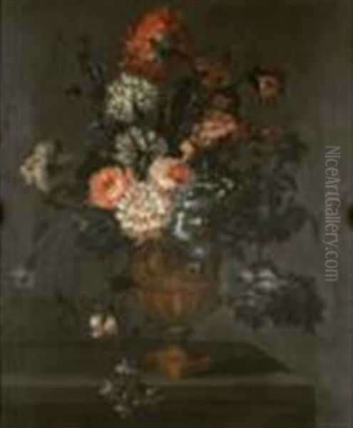 Still Life Of Carnations And Other Flowers In A Stone Urn Oil Painting by Pieter Hardime