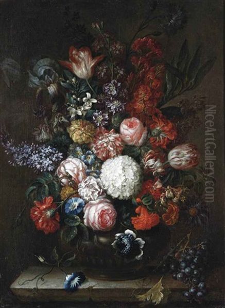 Roses, Carnations, Honeysuckle, Wisteria And Other Flowers With Blue Grapes, All On A Stone Ledge Oil Painting by Pieter Hardime