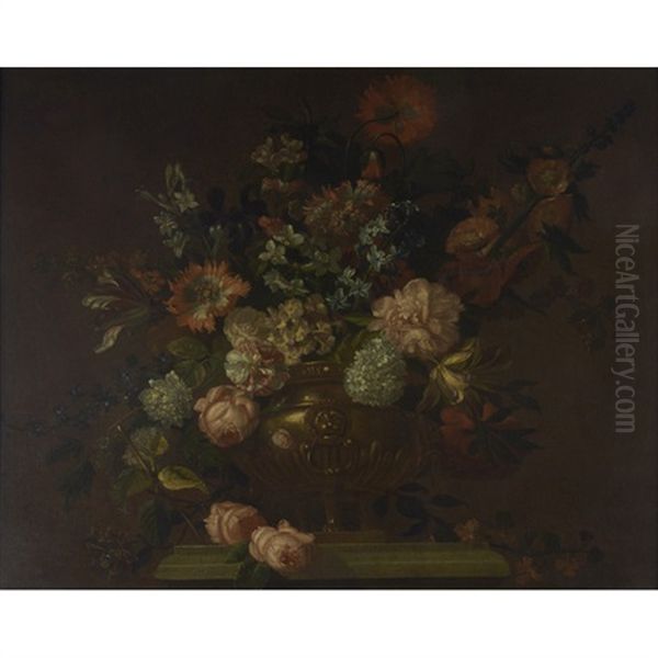 Still Life Urn With Tulips, Poppies And Chrysanthemum Oil Painting by Pieter Hardime