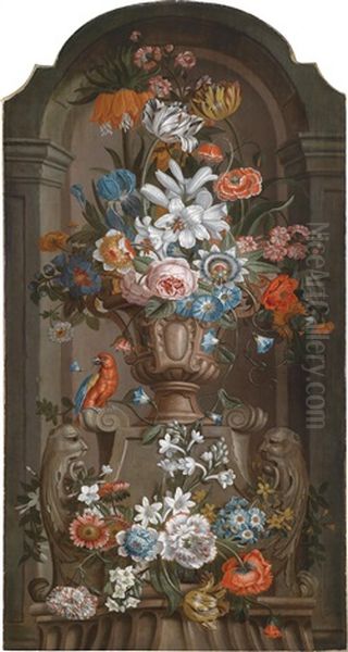 Ein Stillleben Mit Einer Blumenvase Und Einem Papagei In Einer Nische Oil Painting by Pieter Hardime