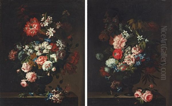 Roses, Tulips, Carnations And Other Flowers In A Glass Vase (+ Another; 2 Works) Oil Painting by Pieter Hardime