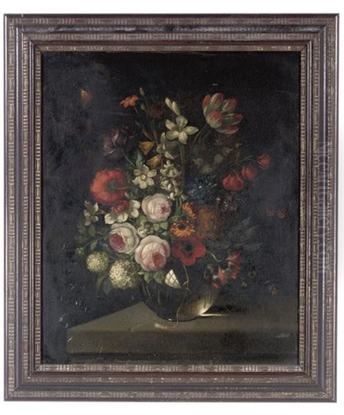 Roses, Poppies, Snowdrops, Narcissi And Other Flowers In A Glass Bowl On A Ledge Oil Painting by Pieter Hardime