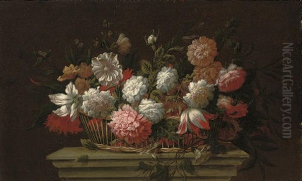 Carnations, Chrysanthemums, Roses, A Parrot Tulip And Other Flowers In A Basket Oil Painting by Pieter Hardime