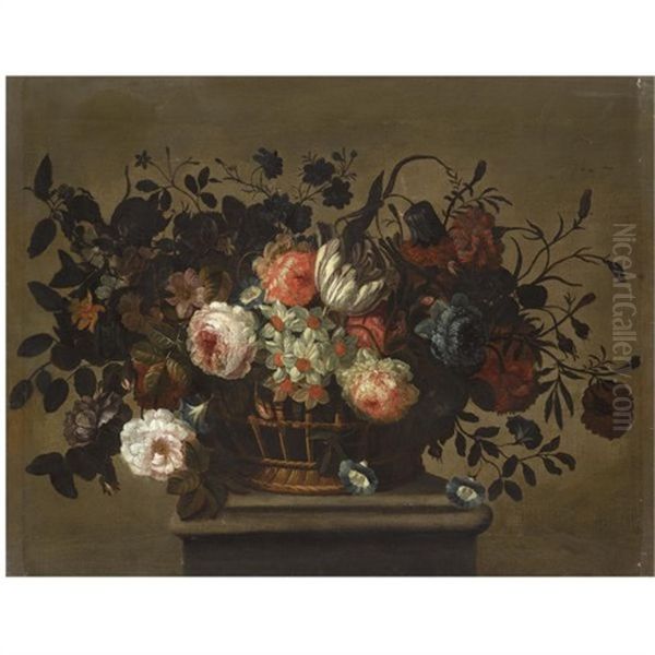 A Flower Still Life With A Tulip, Roses, Bluebells, Daffodills And Carnations In A Basket On A Ledge Oil Painting by Pieter Hardime