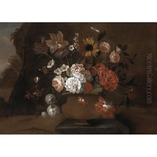 Still Life With Tulips, Morning Glory, Honeysuckle, And Other Flowers In A Bronze Urn In A Landscape Oil Painting by Pieter Hardime