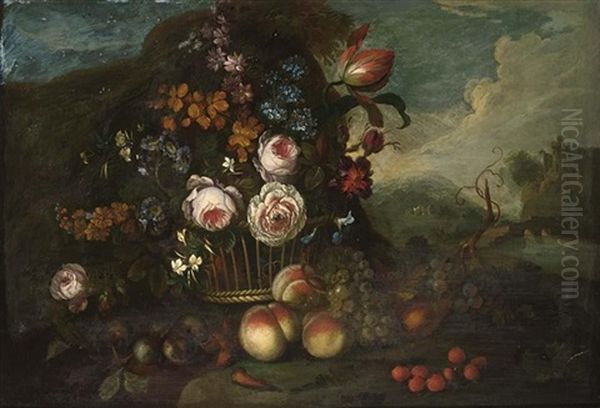 A Still Life With Roses, A Tulip And Other Flowers In A Basket, Peaches, Grapes And Strawberries In Front, In A Landscape Oil Painting by Pieter Hardime