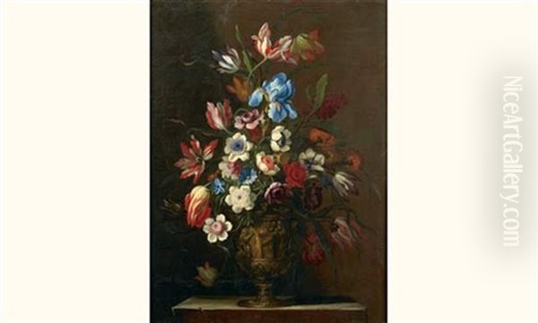 Nature Morte Au Bouquet De Fleurs Dans Un Vase En Pierre Sculptee Oil Painting by Pieter Hardime