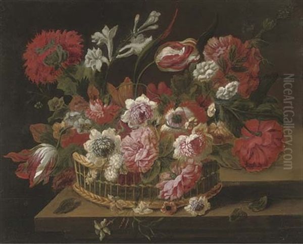 Parrot Tulips, Freesias, Narcissi, Roses, Chrysanthemums And Other Flowers In A Basket On A Ledge Oil Painting by Pieter Hardime