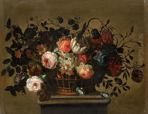 A Flower Still Life With A Tulip, Roses, Bluebells, Daffodills And Carnations In A Basket On A Ledge Oil Painting by Pieter Hardime