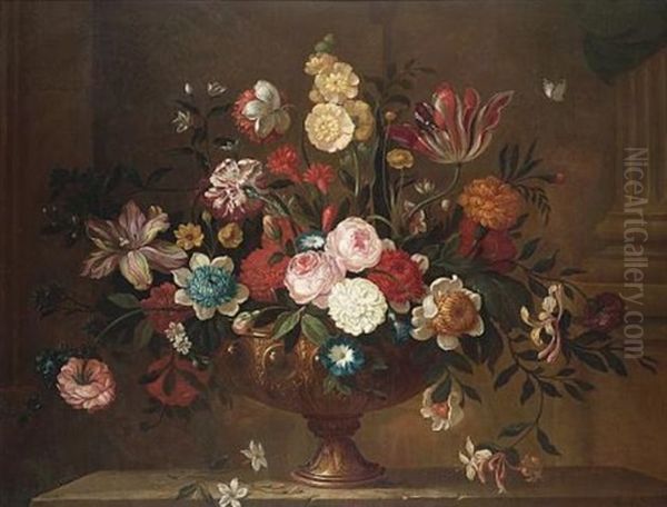 Tulips, Carnations, Roses, Honeysuckle And Morning Glory In A Bronze Urn On A Stone Ledge Oil Painting by Pieter Hardime