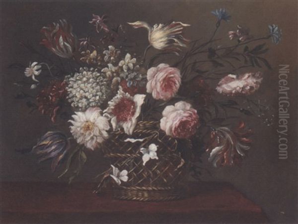 Parrot Tulips, Narcissi, Roses And Other Mixed Flowers In A Basket On A Table Oil Painting by Pieter Hardime