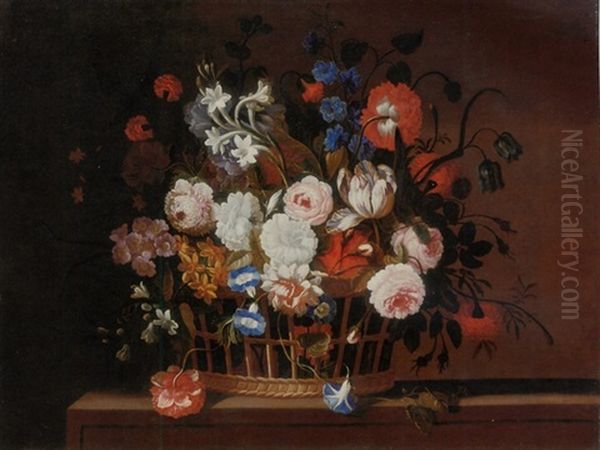 Roses, Tulips, Morning Glory, Carnations, Delphinium, Primrose And Other Flowers In A Basket On A Stone Ledge Oil Painting by Pieter Hardime