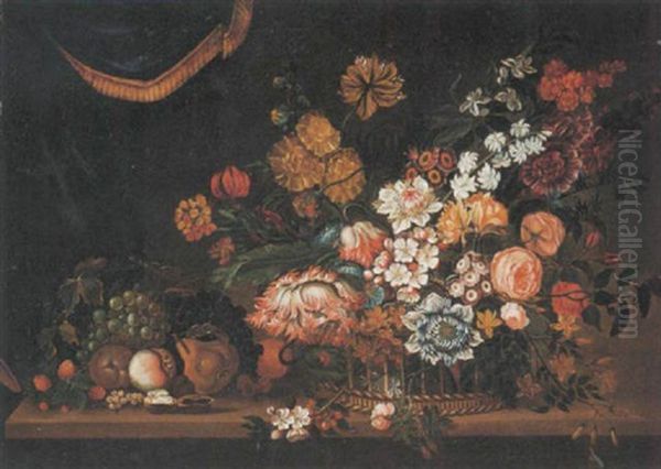 A Still Life Of Flowers And Fruit In A Basket, All Resting Upon A Table, A Draped Curtain Beyond Oil Painting by Pieter Hardime