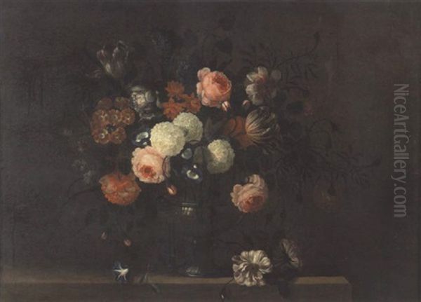 Roses, Tulips, Peonies, Morning Glory And Other Flowers In A Glass Vase On A Stone Ledge Oil Painting by Pieter Hardime