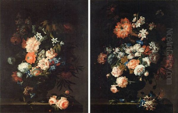 Still Life Of Roses, Tulips, Convolvuli, Chrysenthamums, Hyacinths, Peonies And Other Flowers In A Glass Vases, Both Set Upon Stone Pedestals Oil Painting by Pieter Hardime