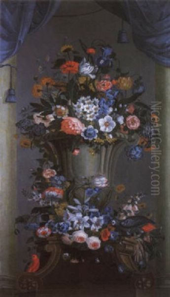 Carnations, Irises And Other Flowers In An Ornamental Stone Urn With Two Macaws Beneath A Blue Curtain Oil Painting by Pieter Hardime