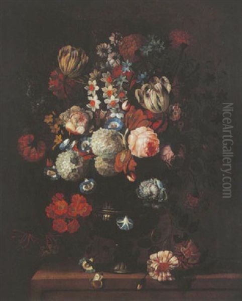 Nature Morte Au Bouquet De Fleurs Dans Un Vase Sur Un Entablement Oil Painting by Pieter Hardime