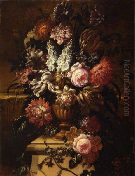 A Still Life With Roses, Peonies, Tulips And Other Flowers In A Terracotta Vase On A Pedestal Oil Painting by Pieter Hardime