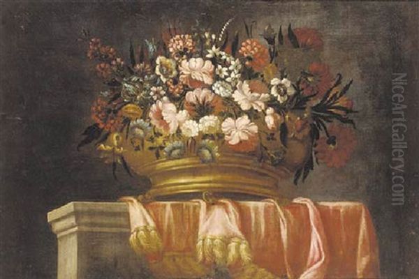 Mixed Flowers In An Urn On A Draped Ledge Oil Painting by Pieter Hardime