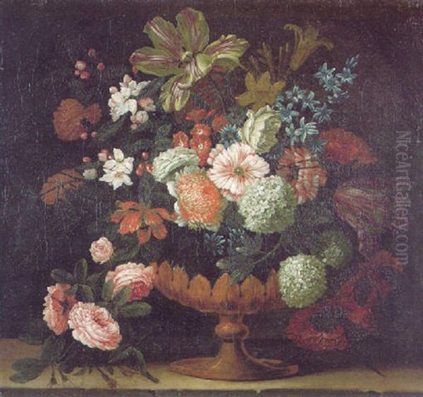 A Still Life Of Tulips, Roses, Lilies, Hyacinths And Other Flowers In A Gold Mounted Vase On A Stone Ledge Oil Painting by Pieter Hardime